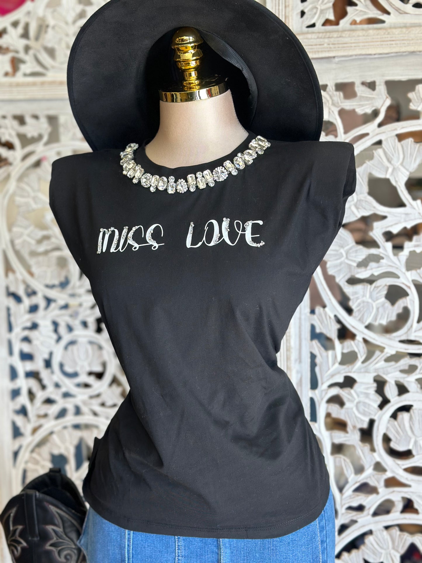 Black Miss Love Rhinestone Graphic Tee- Stretchy,Estira
