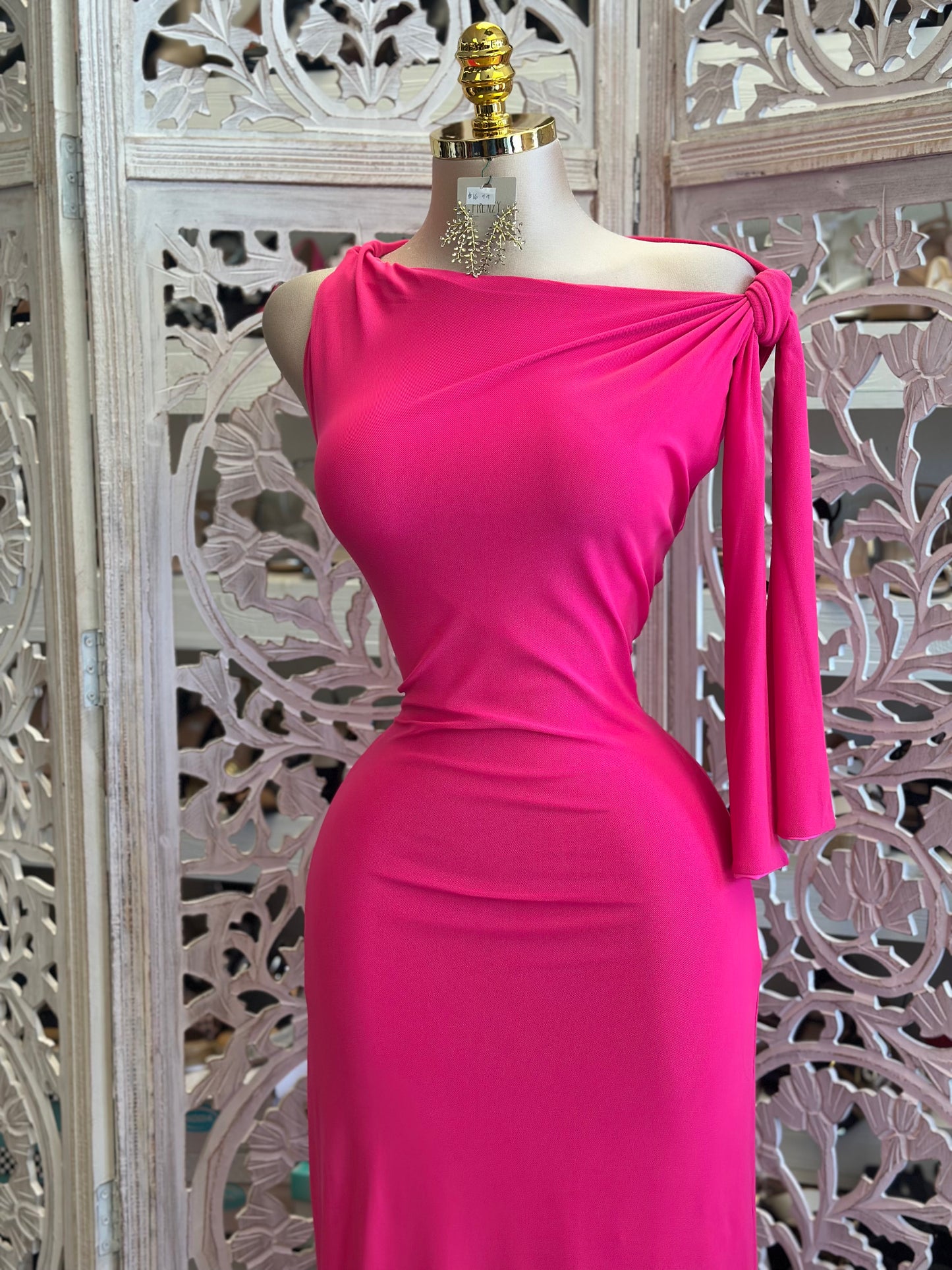 Asymmetrical Sonic Pink Knotted Dress-Estira, Stretchy