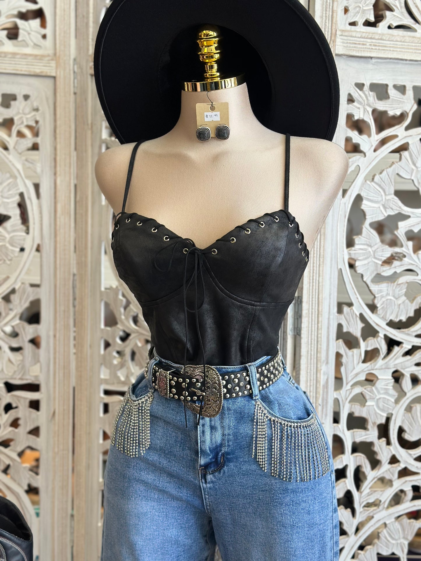 Rhinestone Fringe Denim Wide Jeans - Stretchy, Estira