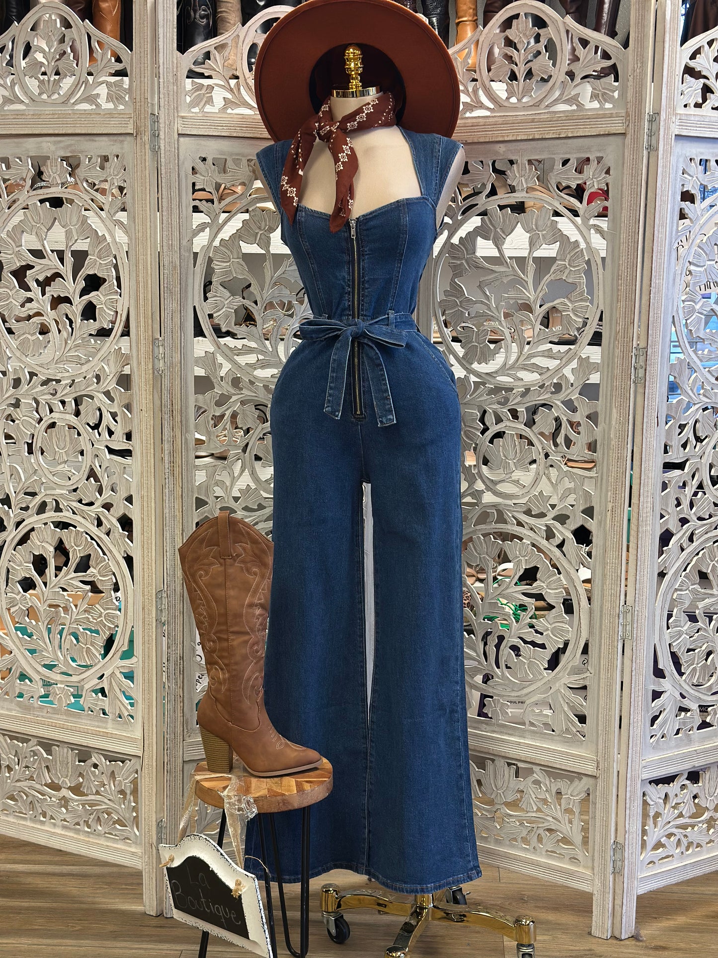 Denim Square Neck Ribbon Jumpsuit - Not Stretchy, No Estira