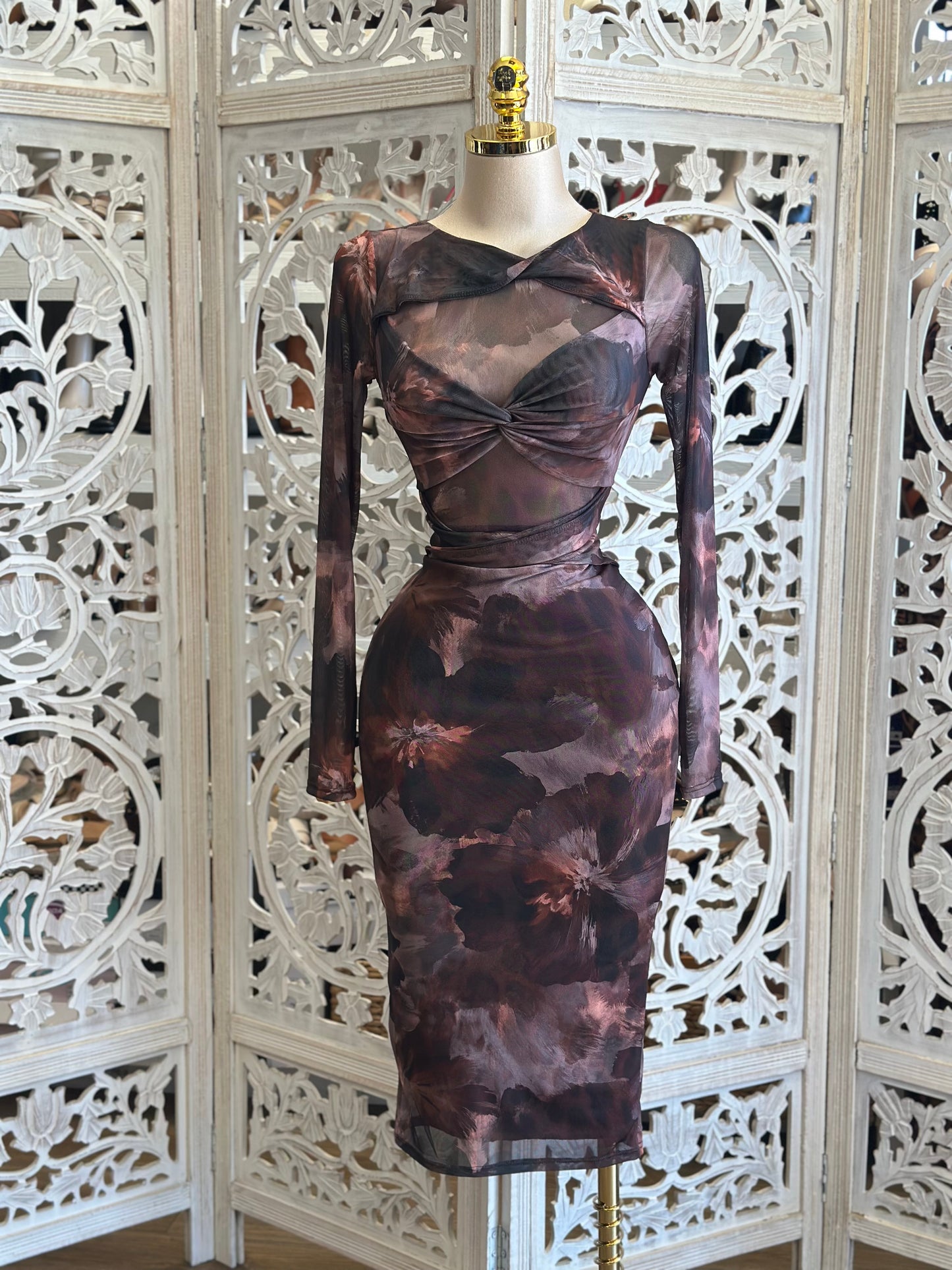 Floral Mesh Bow Midi Dress- Stretchy,Estira