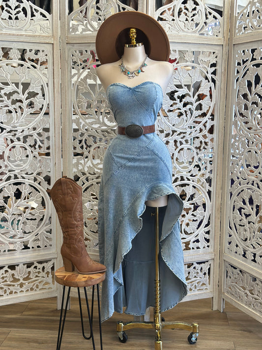 Light Denim Ruffle Midi Dress- Stretchy