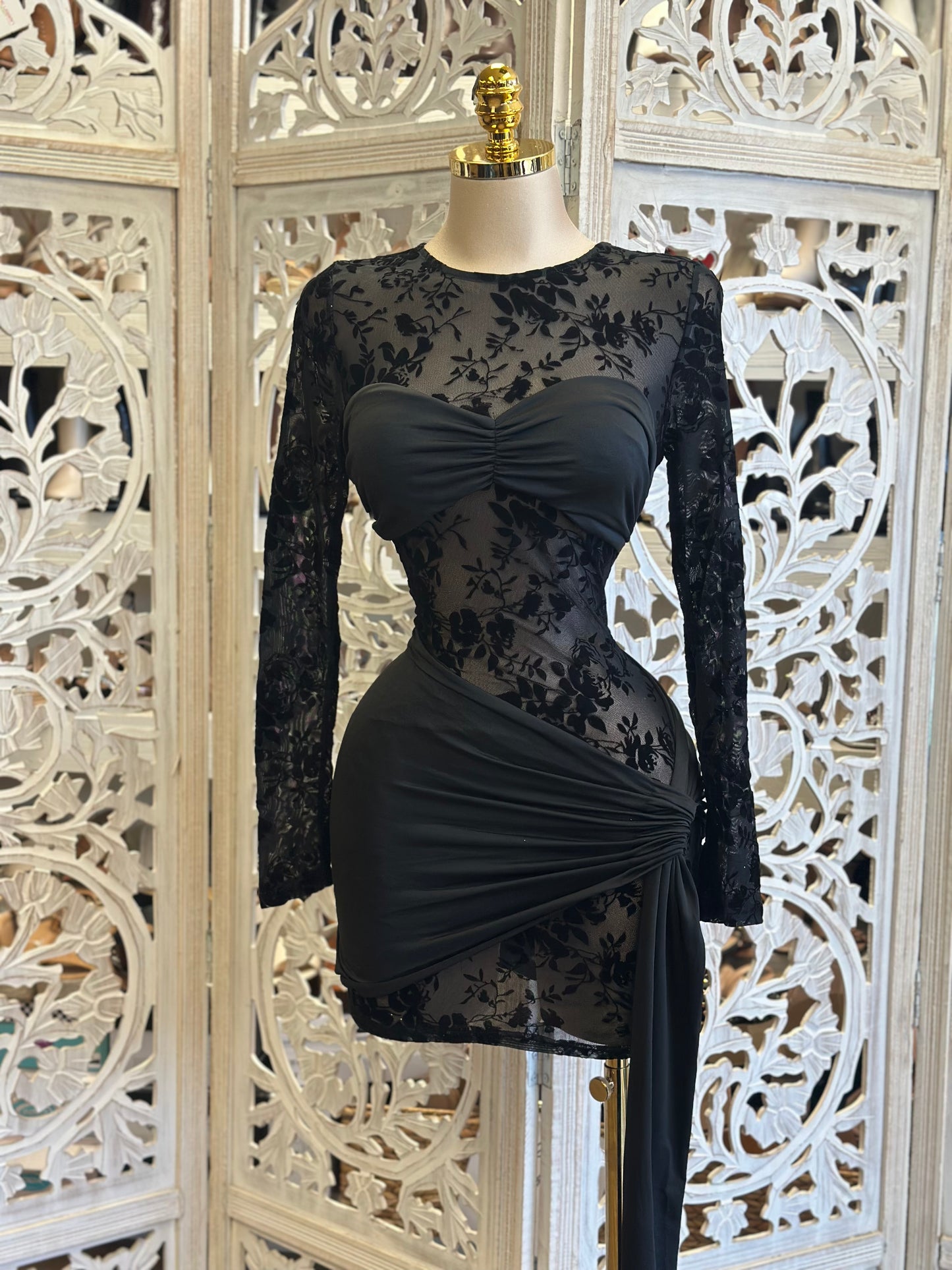 Mesh Floral Black Mini Dress- Stretchy,Estira