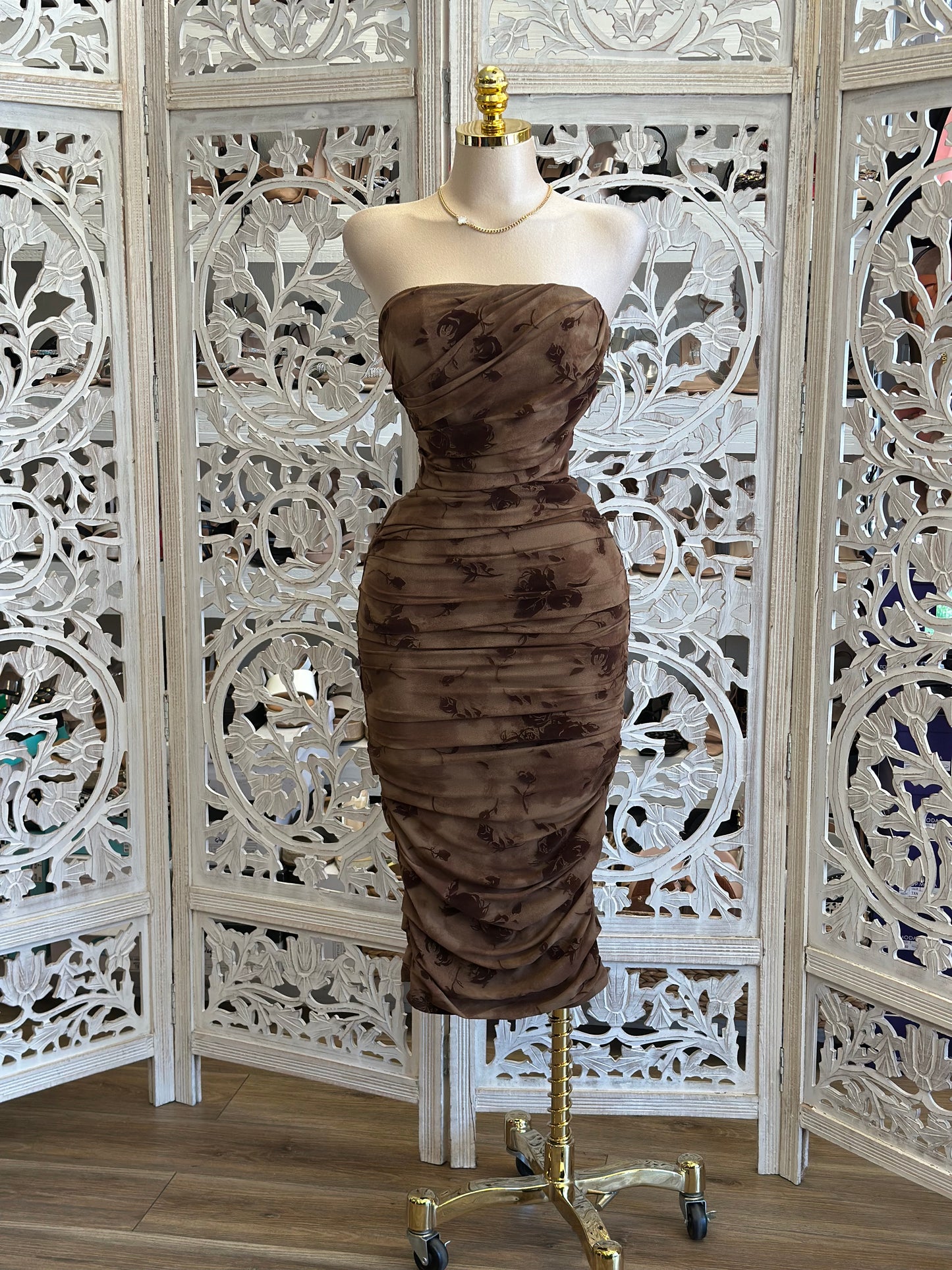 Strapless Autumn Floral Dress- Stretchy, Estira