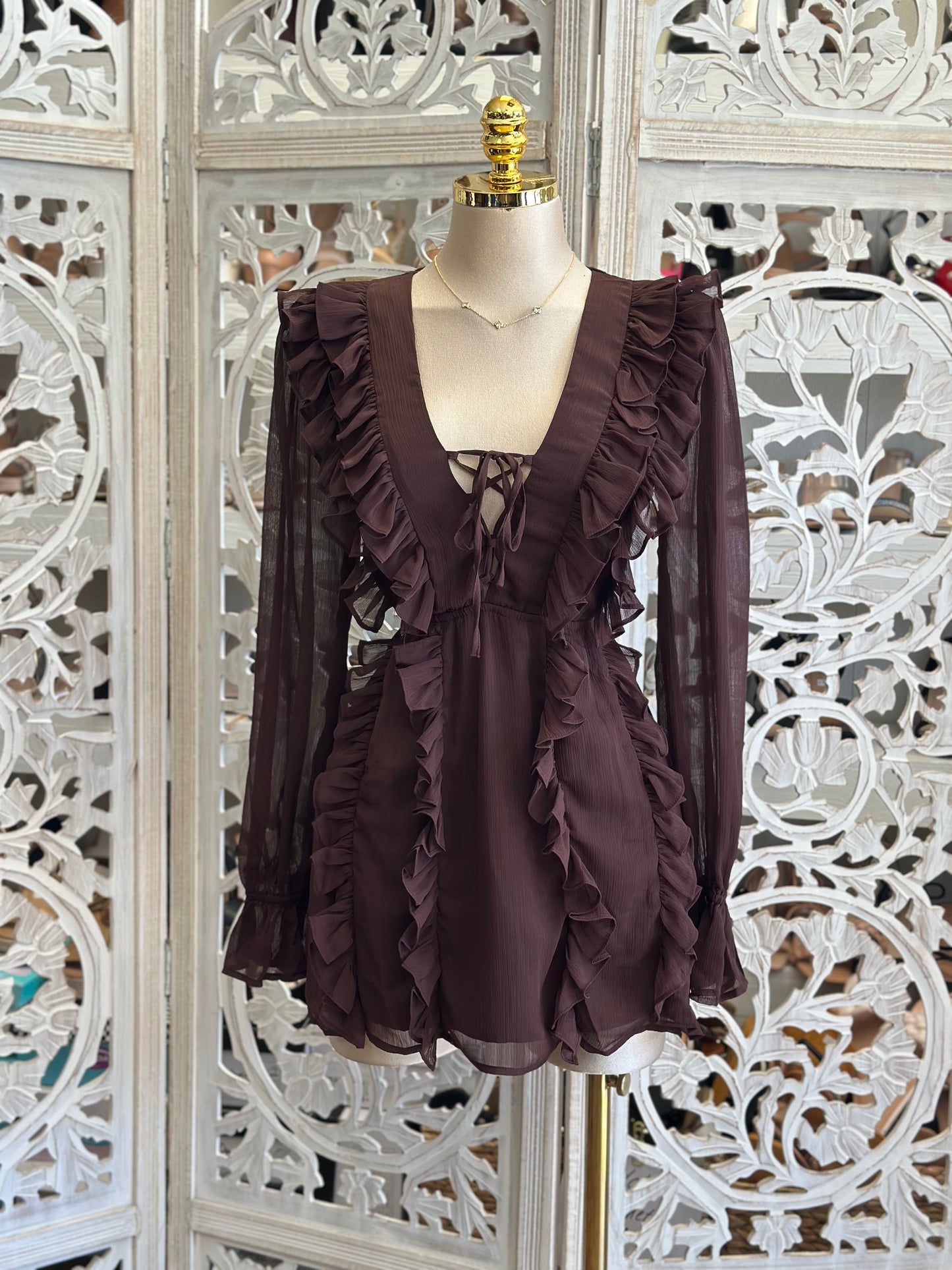 Autumn Ruffle Tie Up Mini Dress- Stretchy,Estira