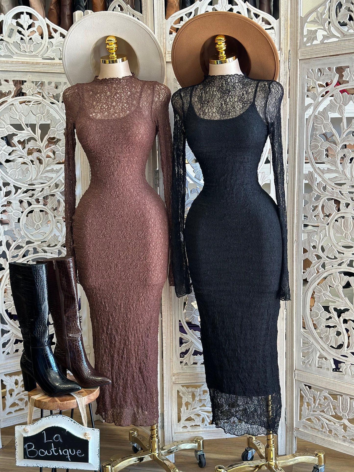 Lace Maxi Long Sleeve Dress- Stretchy,Estira