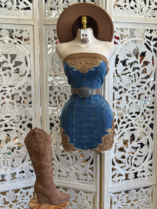 Denim Brown Western Embroidered Dress- Stretchy