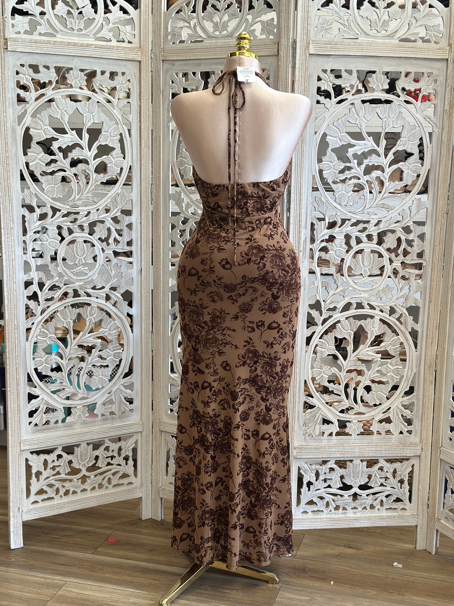 Cowl Neck Floral Brown Dress- Stretchy, Estira