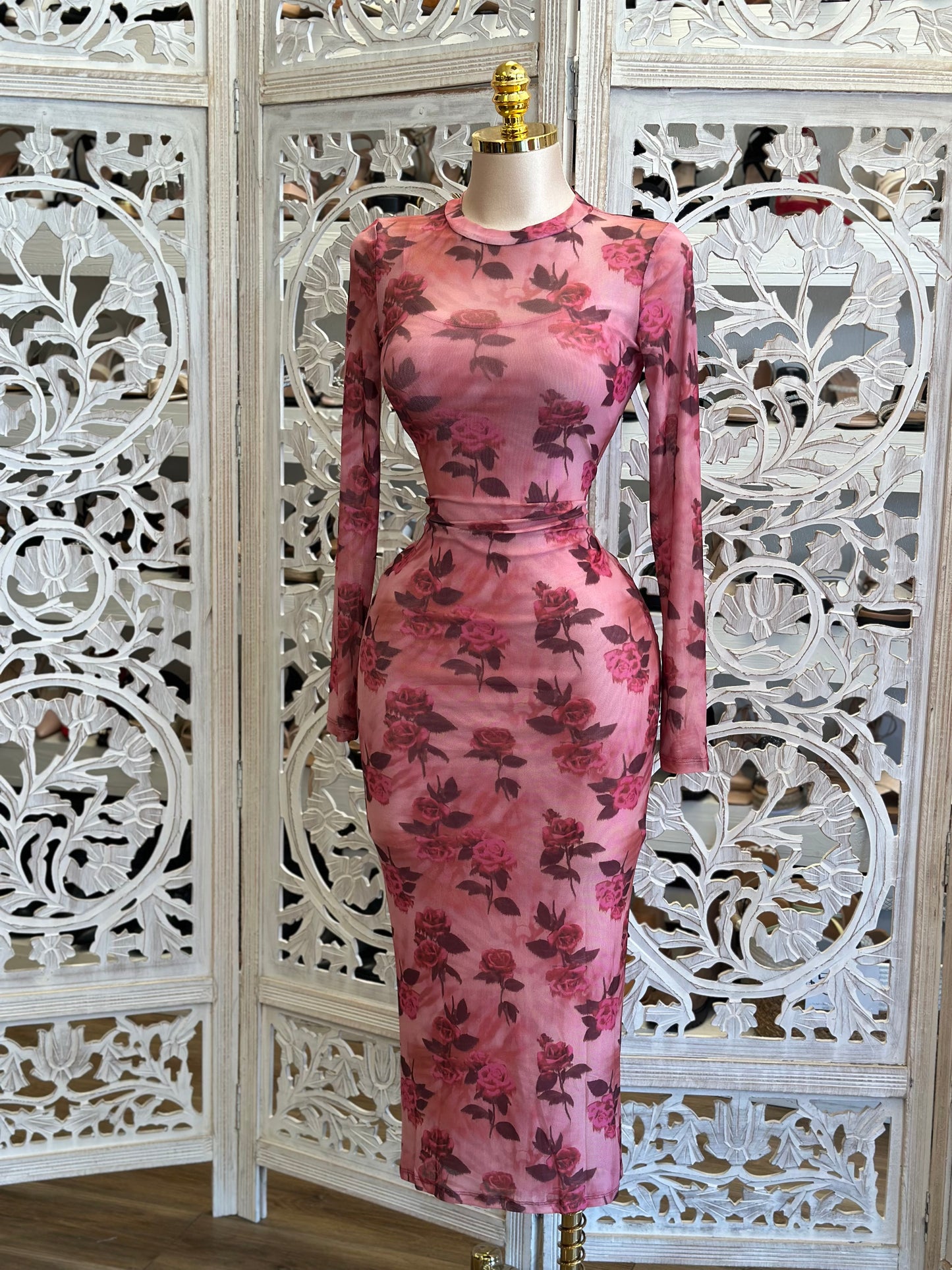Mesh Long Sleeve Midi Floral Dress - Estira, Stretchy