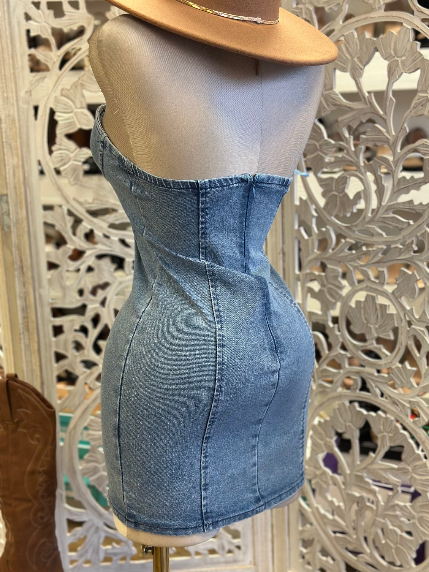 Denim Heartline Mini Dress- Not Stretchy, No Estira