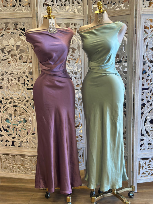 Aria Off Shoulder Satin Dress - No Estira, Not Stretchy