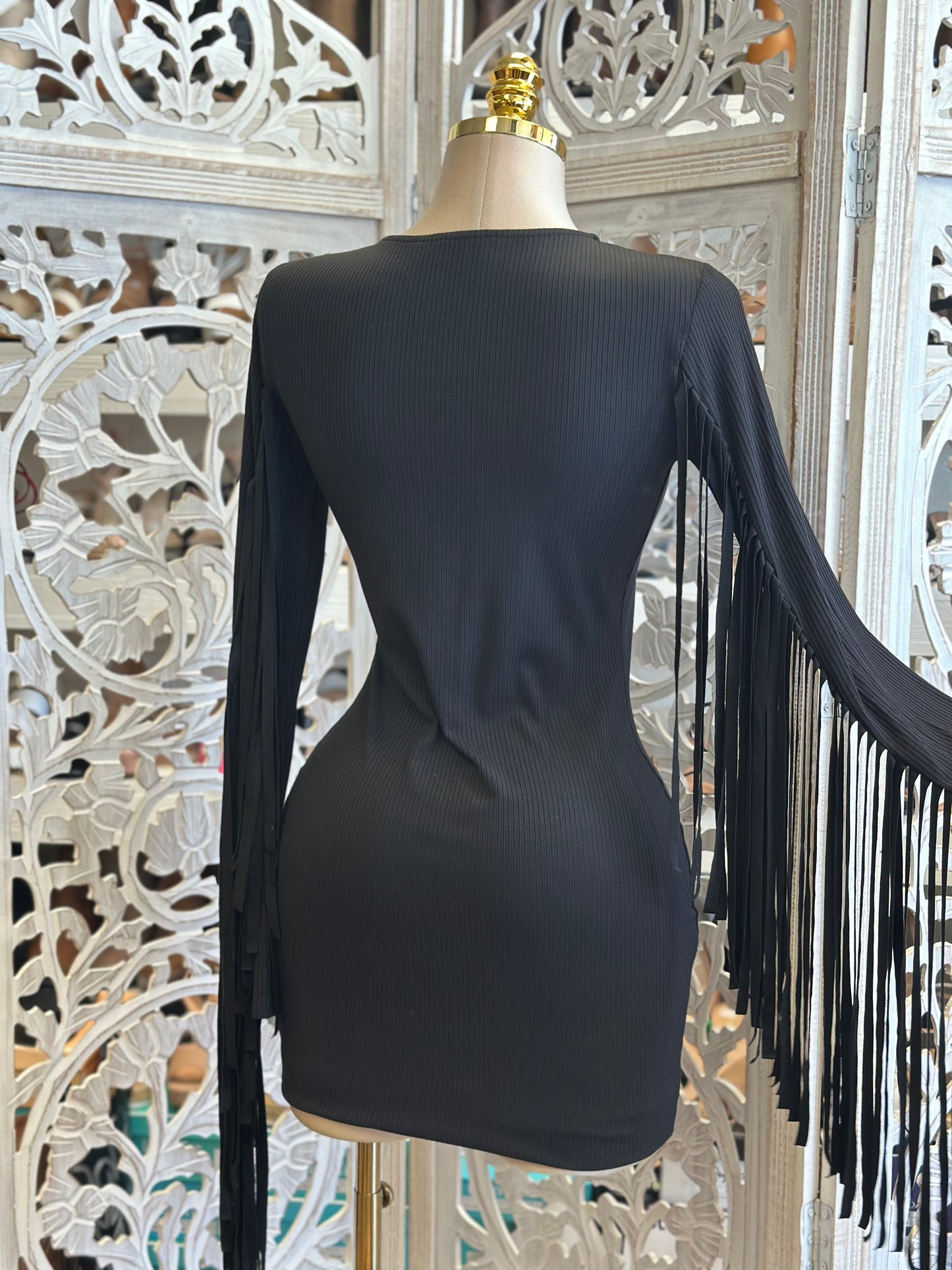 Black Fringe Sleeve Mini Dress -Estira, Stretchy