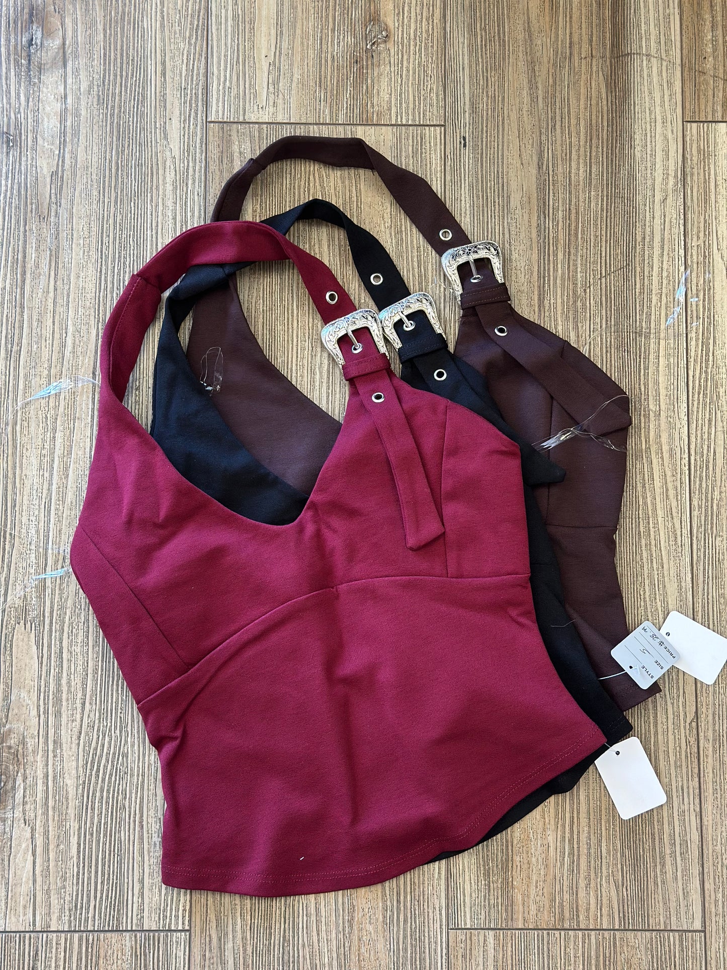Buckle Open Back Top- Estira, Stretchy