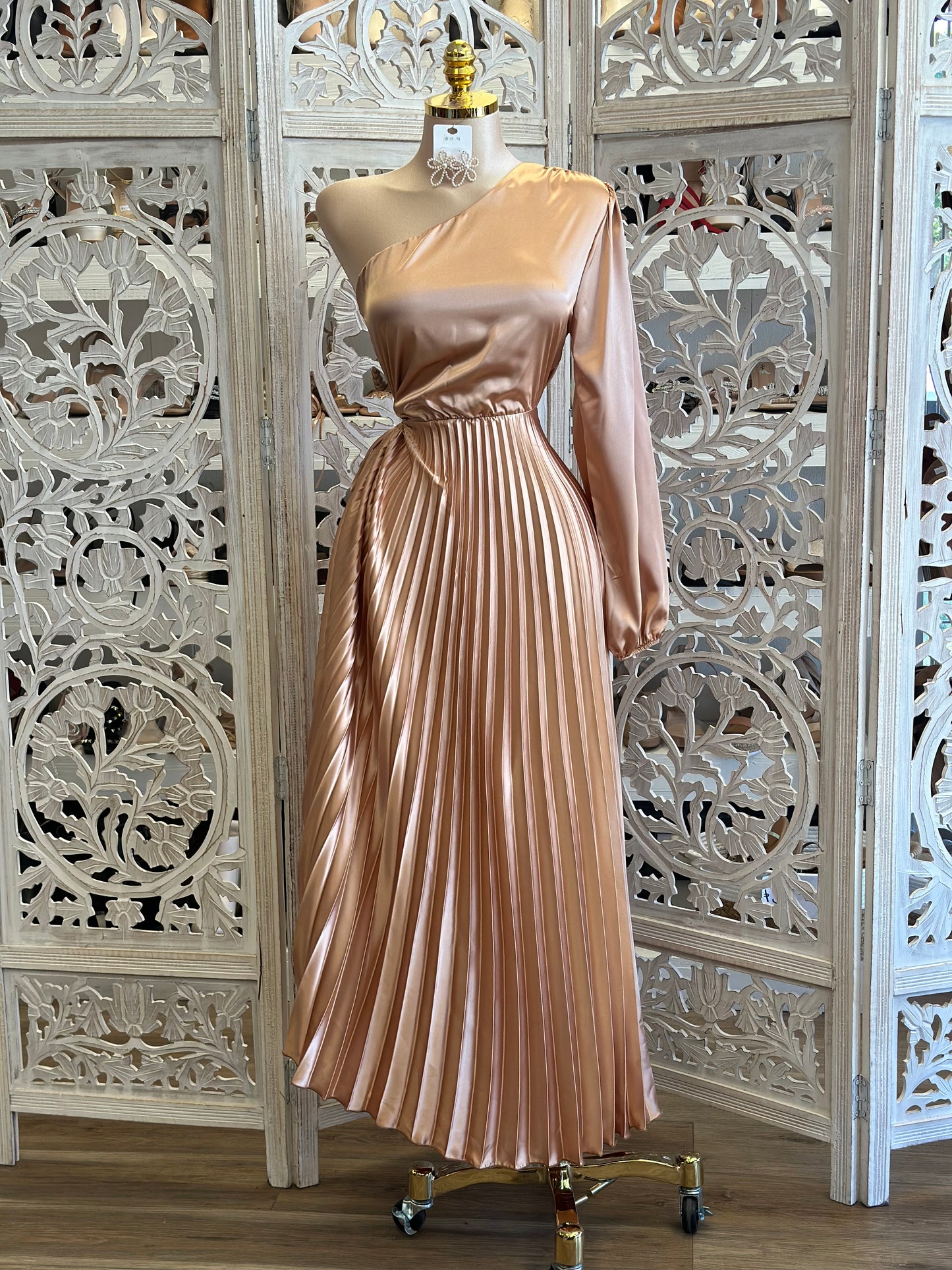 Pleated One Sleeve Maxi Dress- Stretchy, Estira