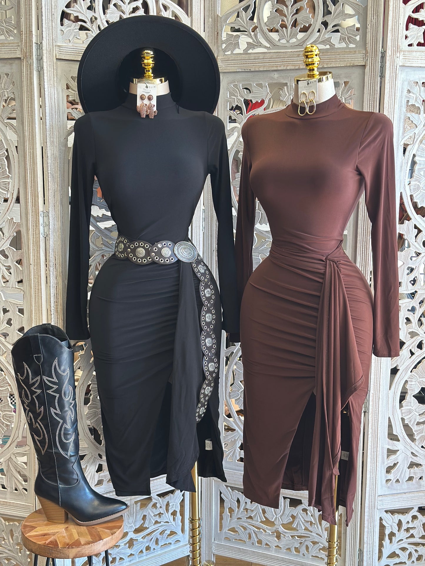Mock Neck Knotted Dress- Stretchy,Estira