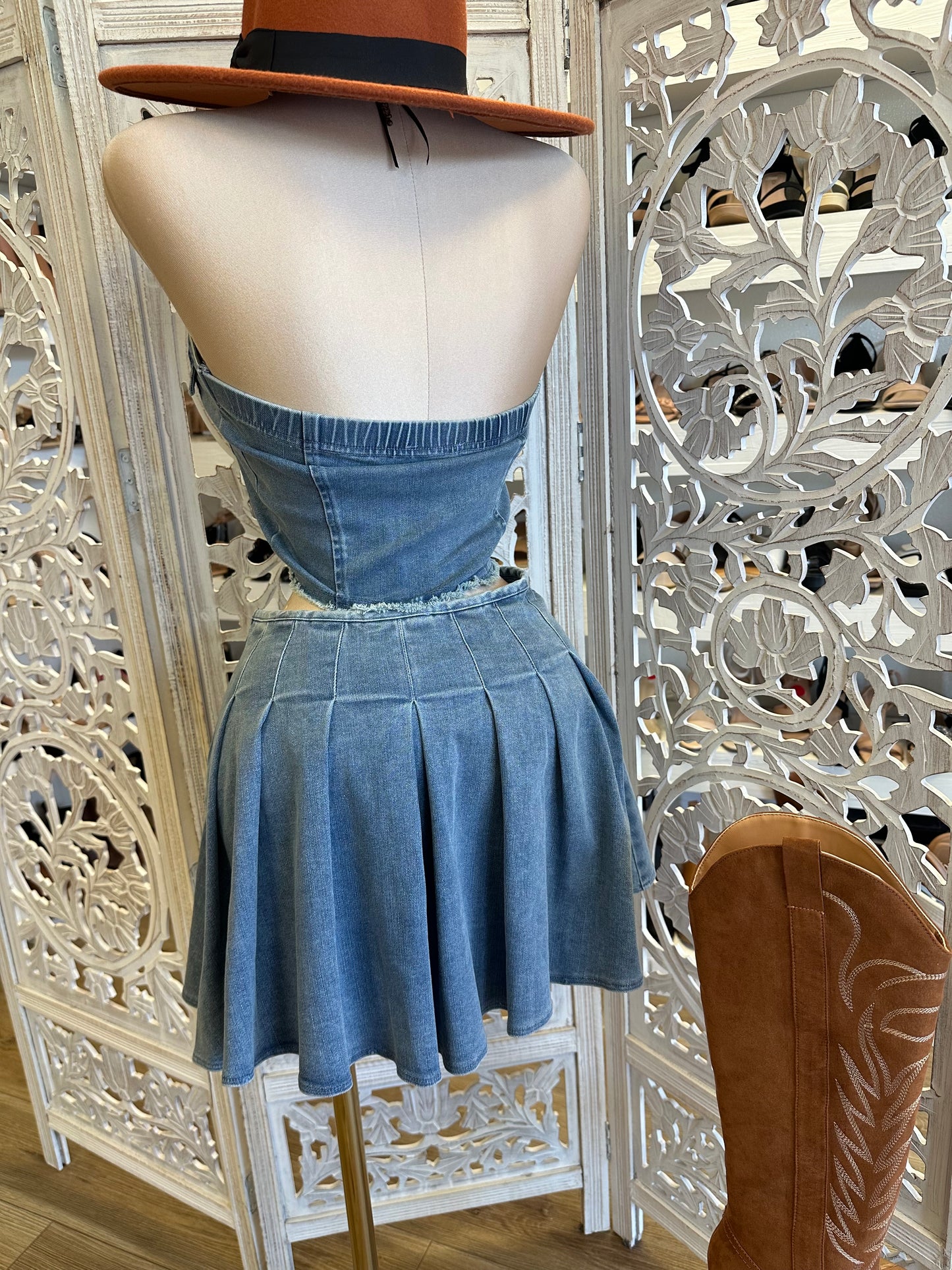 Denim Mini Skirt Set- Estira, Stretchy