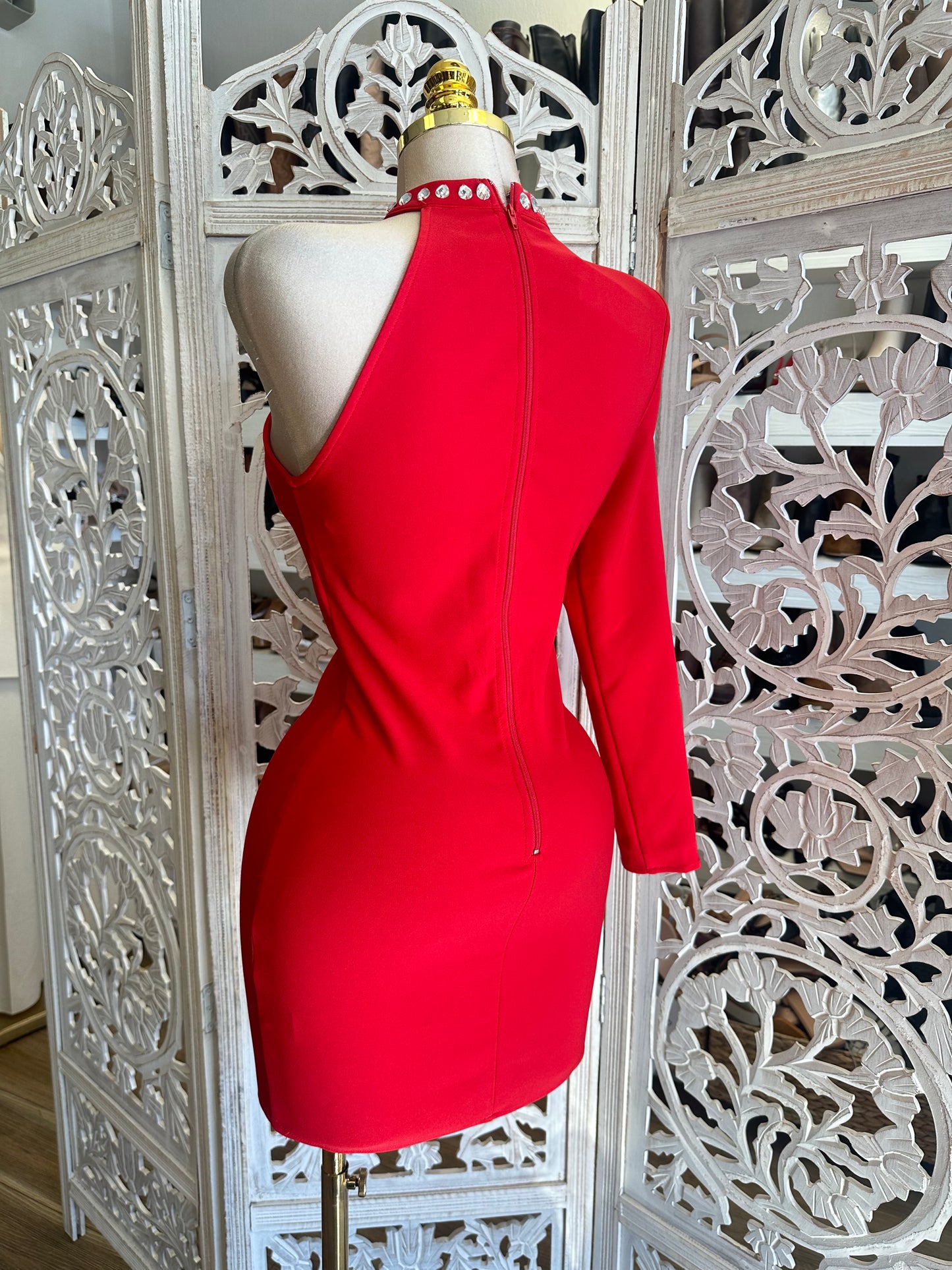 Embellished Red Cutout Mini Dress- Slightly Stretchy,Estira Poco
