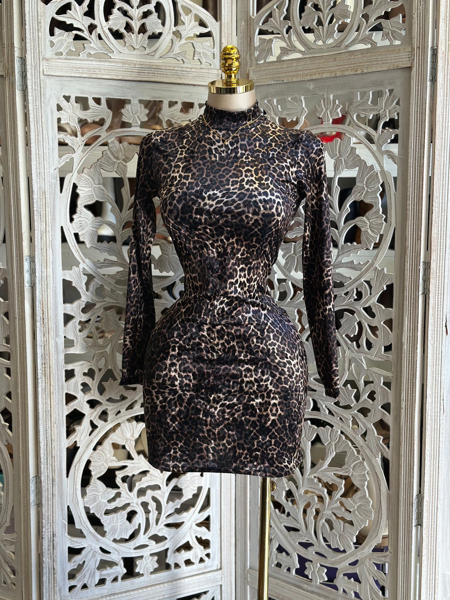 Cheetah Mock Neck Mini Dress- Stretchy,Estira