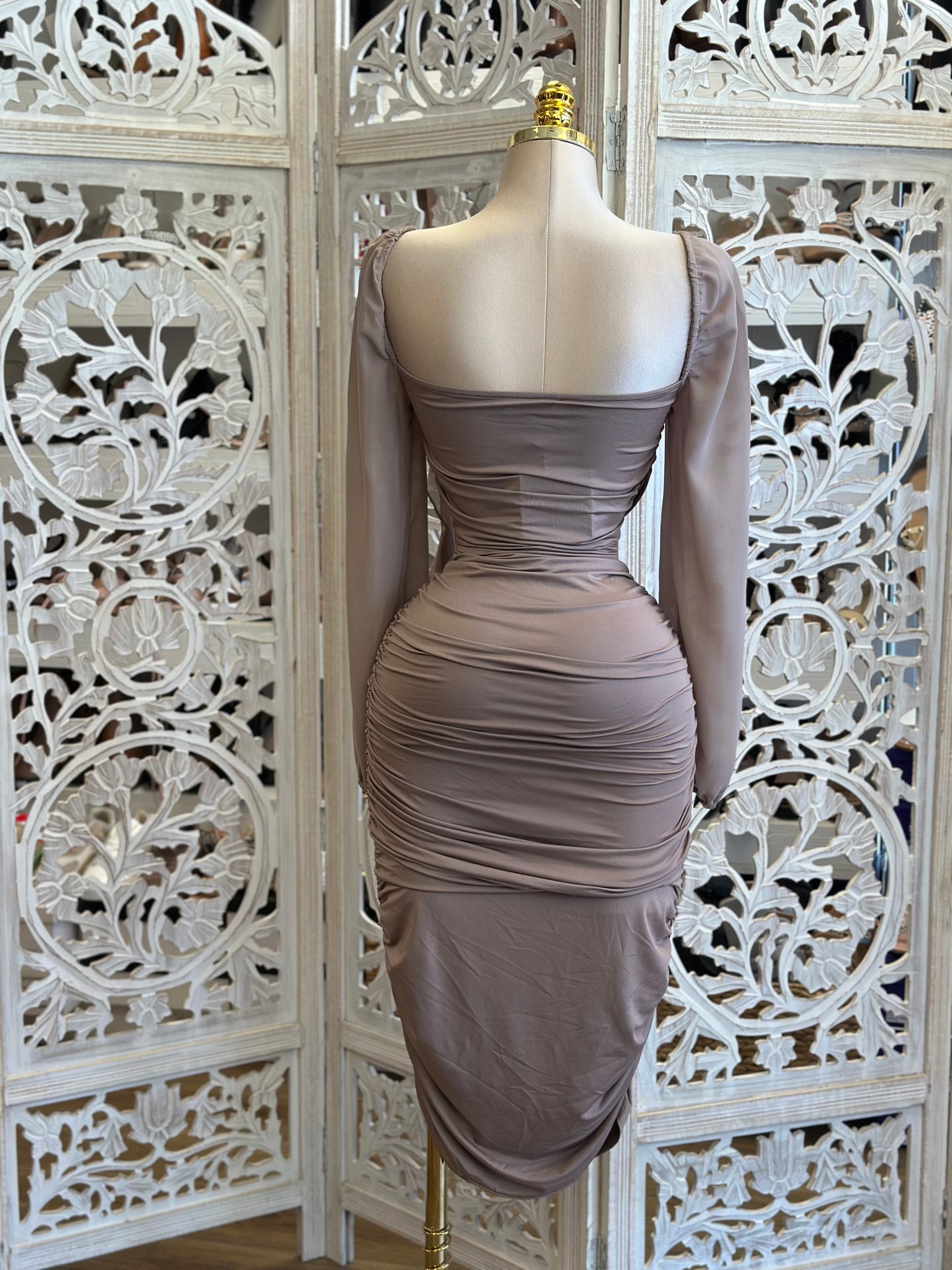 Taupe Floral Detail Midi Dress- super Stretchy ,