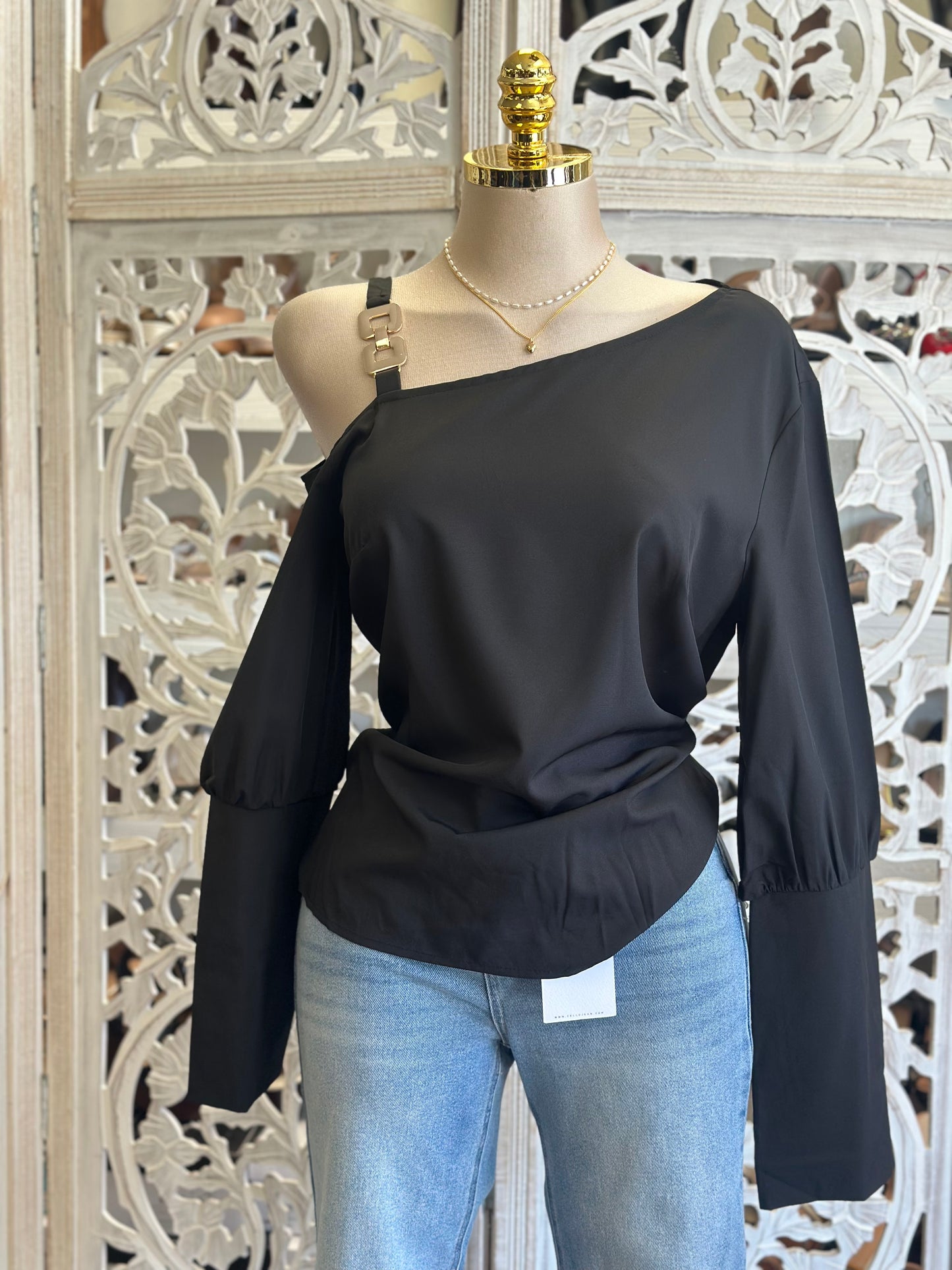 One Shoulder Gold Detail Blouse- No Estira, Not Stretchy