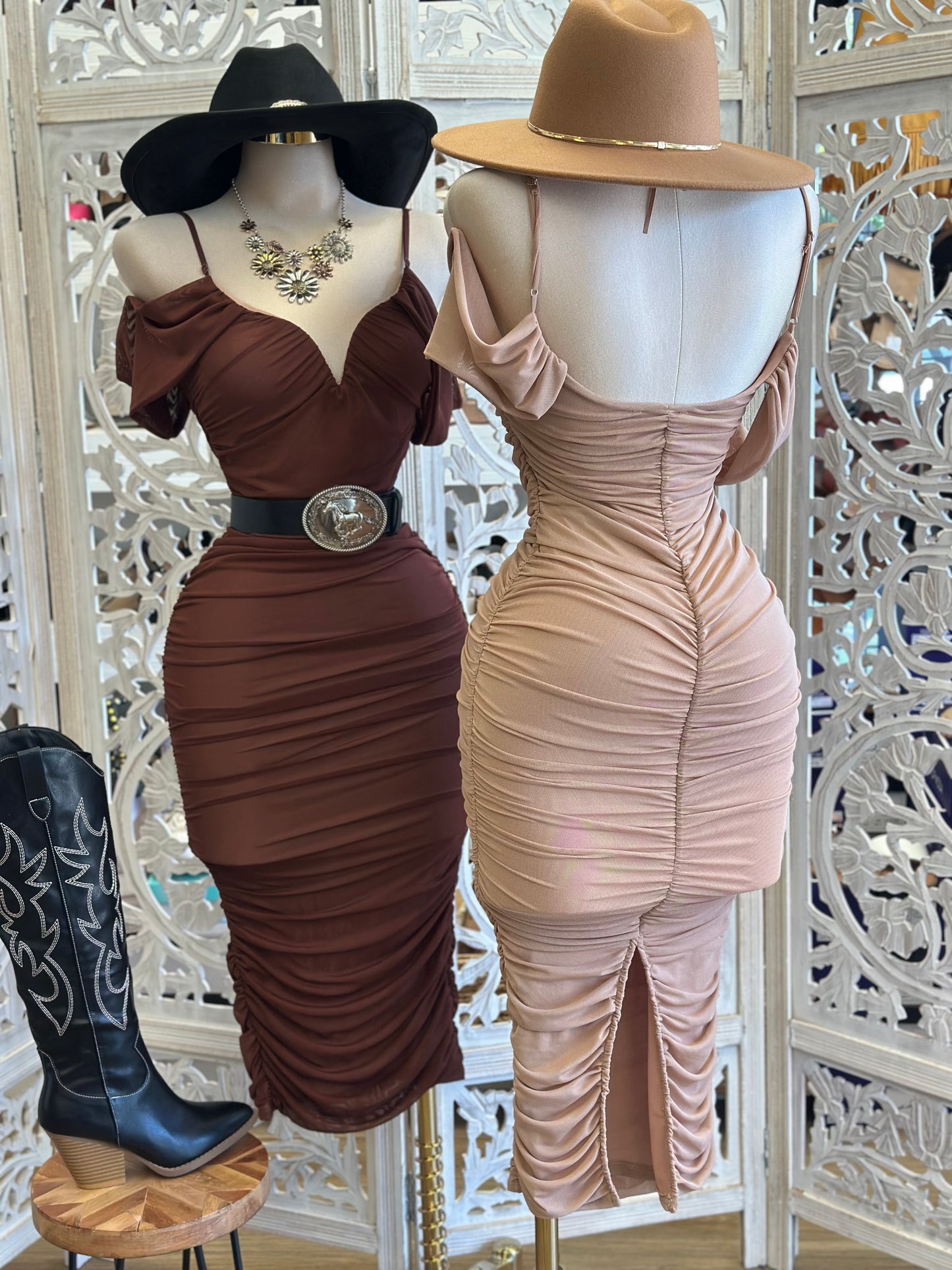 Draped Ruched Midi Bodycon Dress-Estira Stretchy