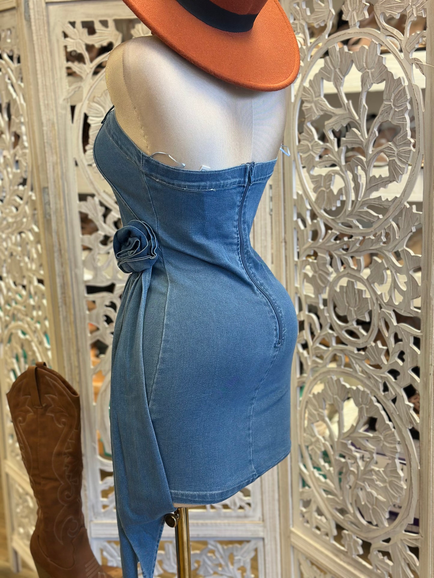 Denim Rose Tail Mini Dress- Not Stretchy, No Estira