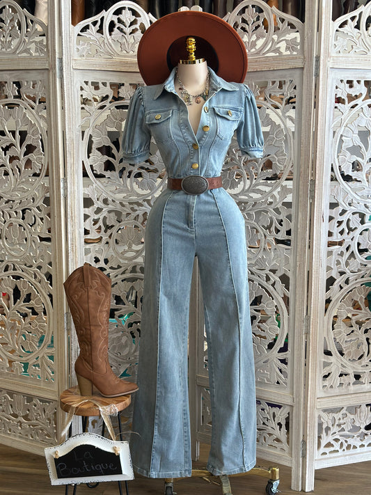Denim Collard Jumpsuit - Stretchy,Estira