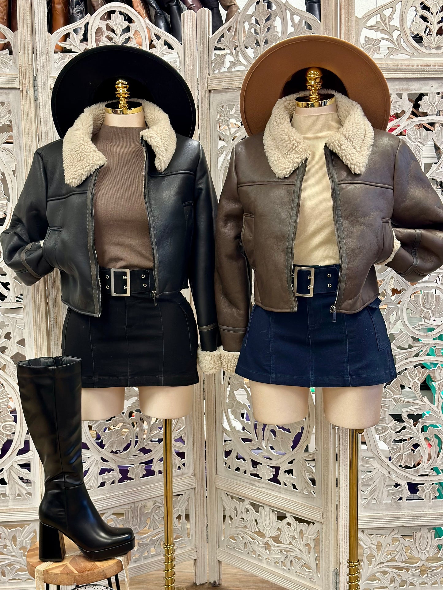 Faux Leather Sherpa Collared Jacket