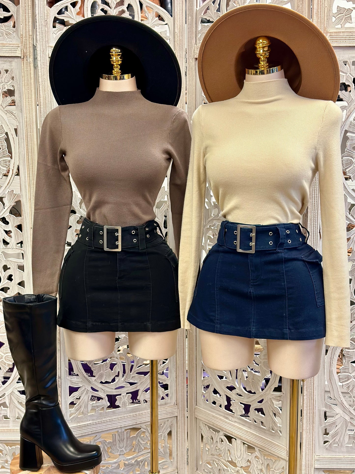 Buckle Belt Denim Mini Skirt-Estira, Stretchy falda corta