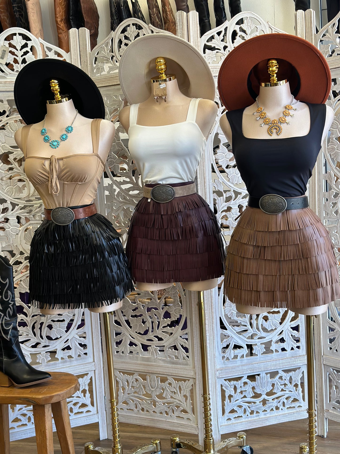 Faux Leather Fringe Mini Skirt-No Estira, Not Stretchy