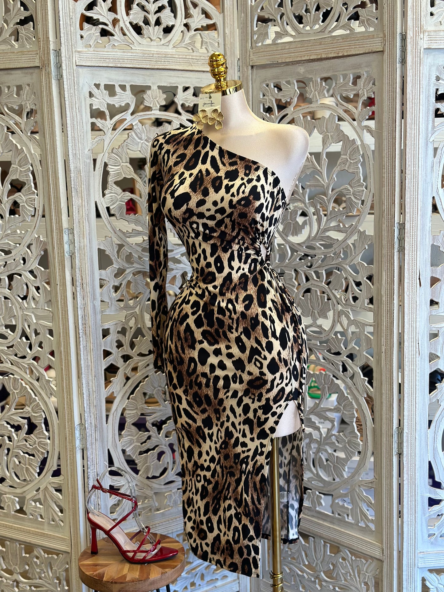 Cheetah Print One Sleeve Dress- Stretchy, Estira