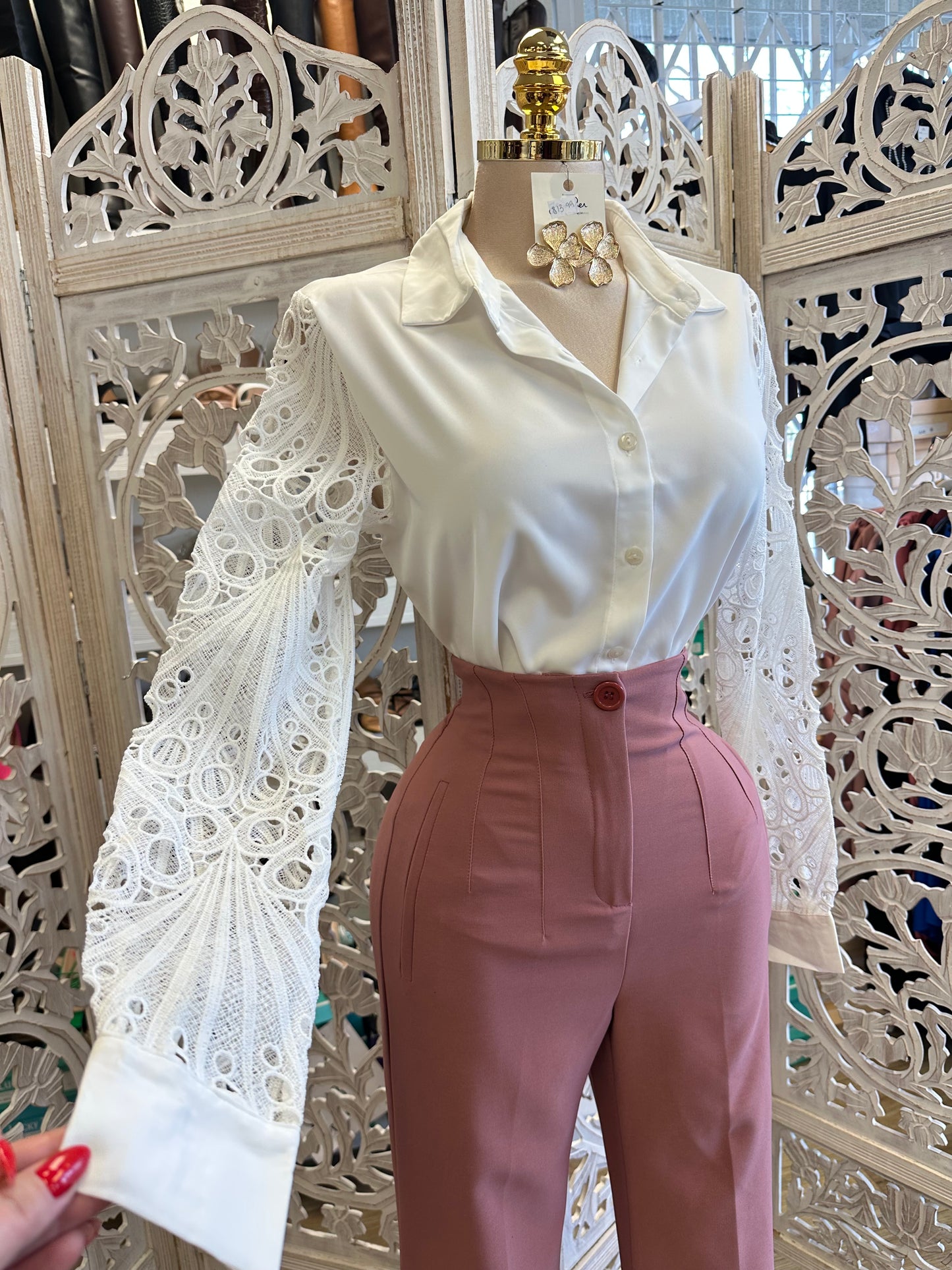 Lace Sleeve Button Blouse- Estira, Stretchy