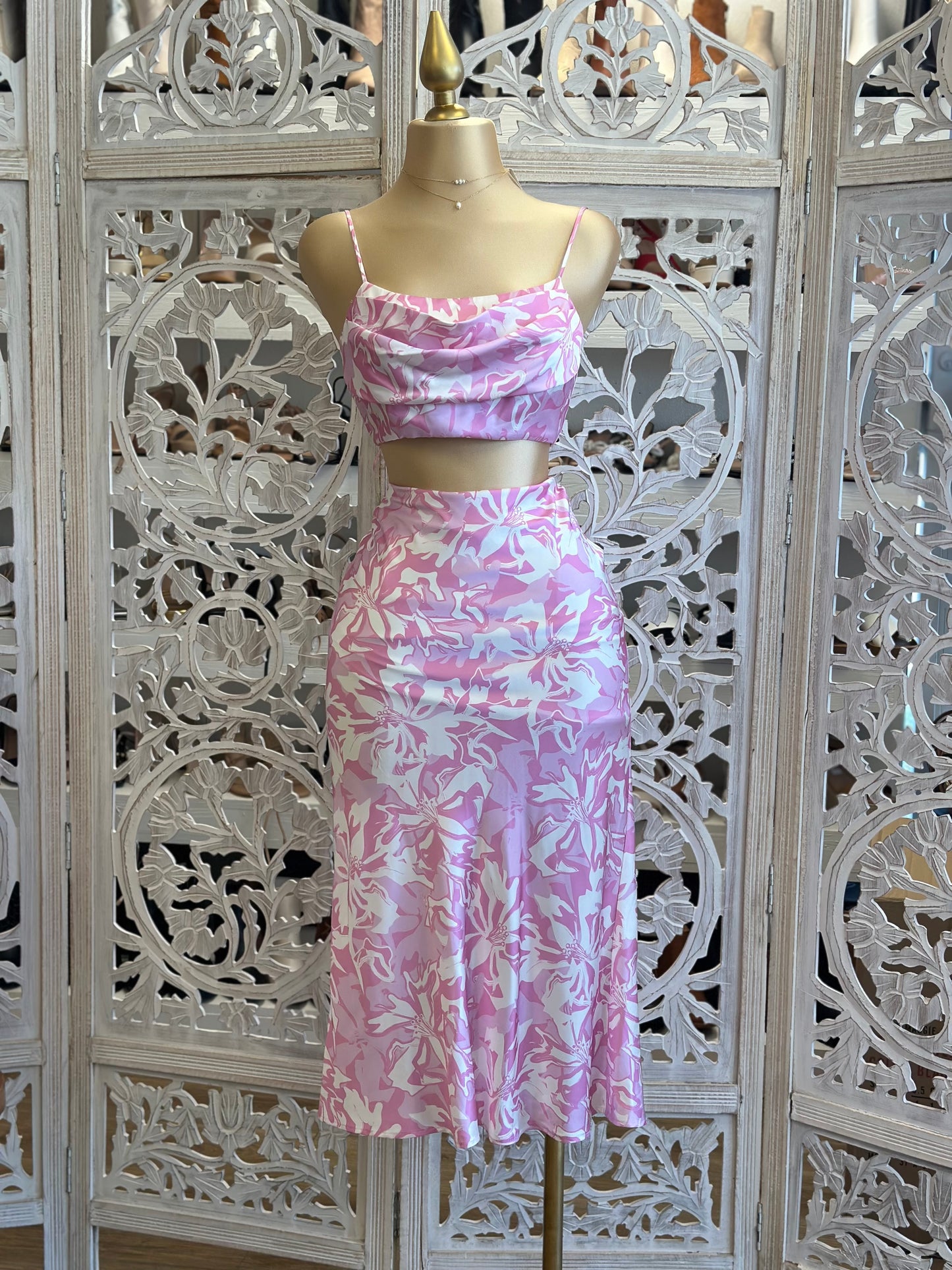 Pink Patterned Midi Skirt Set- Not Stretchy