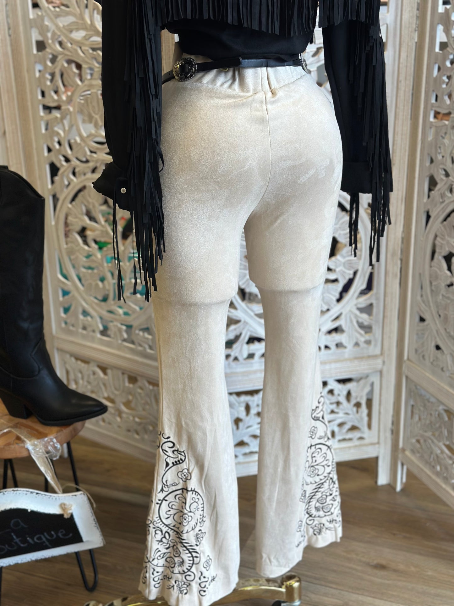 Ivory Suede Embroidered Flare Pants-Stretchy