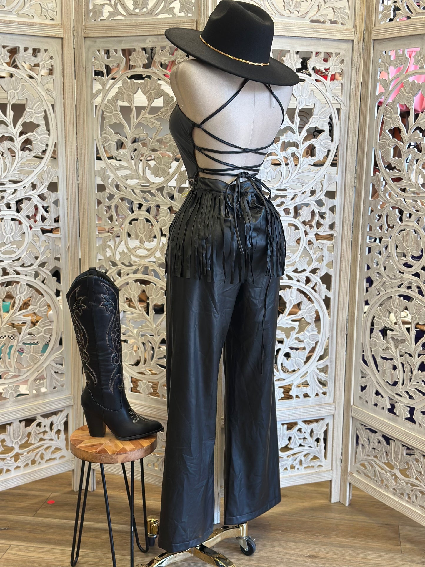 Studded Fringe Faux Leather Jumpsuit - Stretchy,Estira