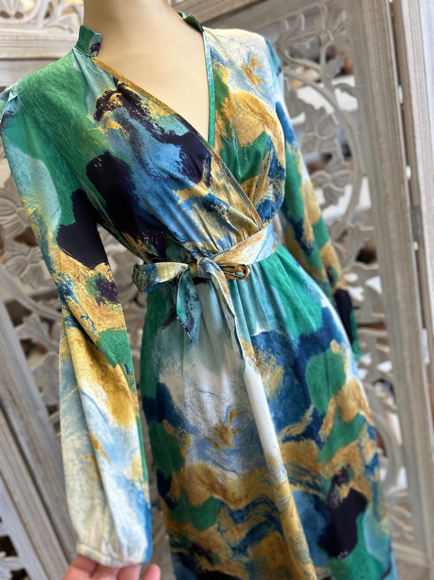 Wrapped Multicolor Green Midi Dress- Not Stretchy