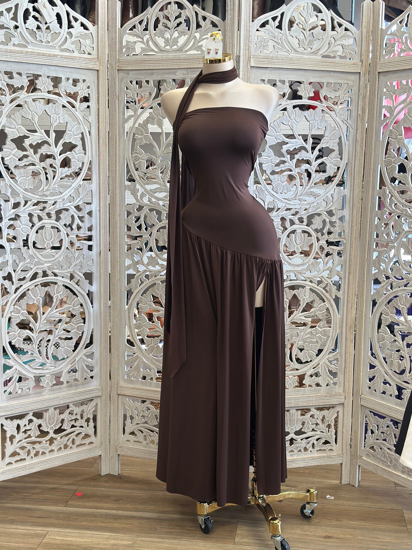 High Slit Scarfed Brown Dress- Stretchy, Estira