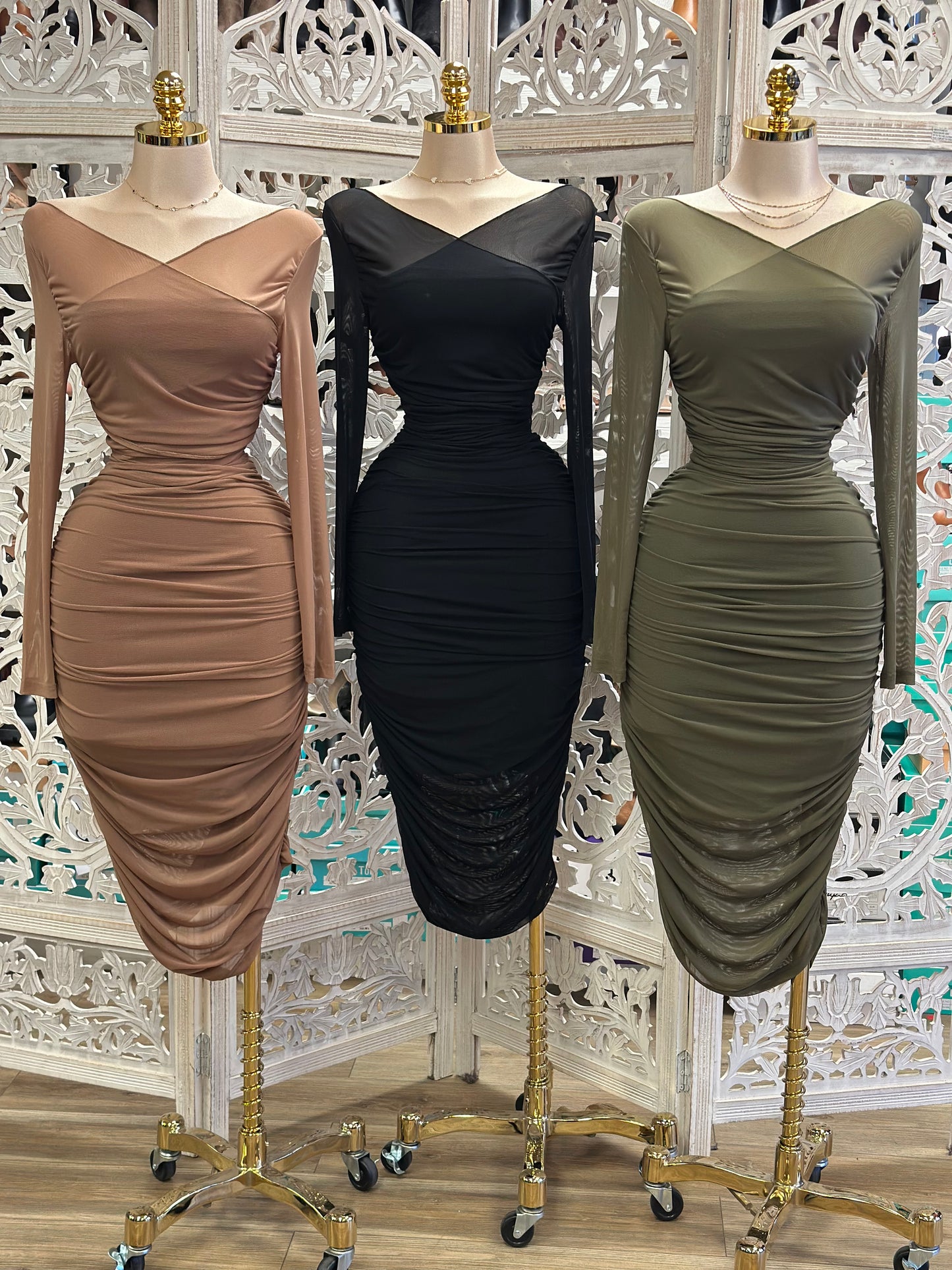 MeshRuched Crossed Dress- Stretchy,Estira