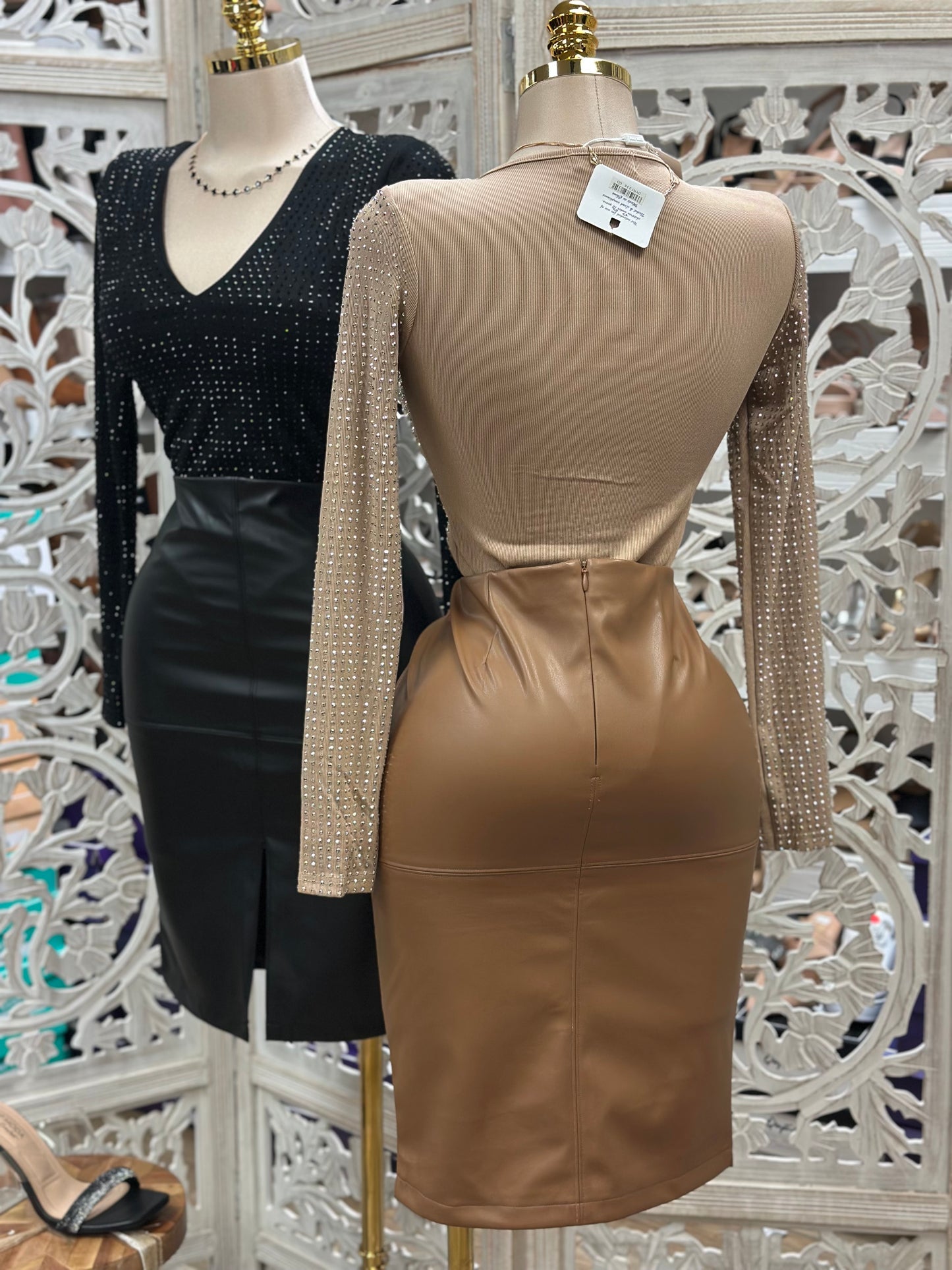 Faux Leather Slit Midi Skirt-Estira Poco, Slightly Stretchy