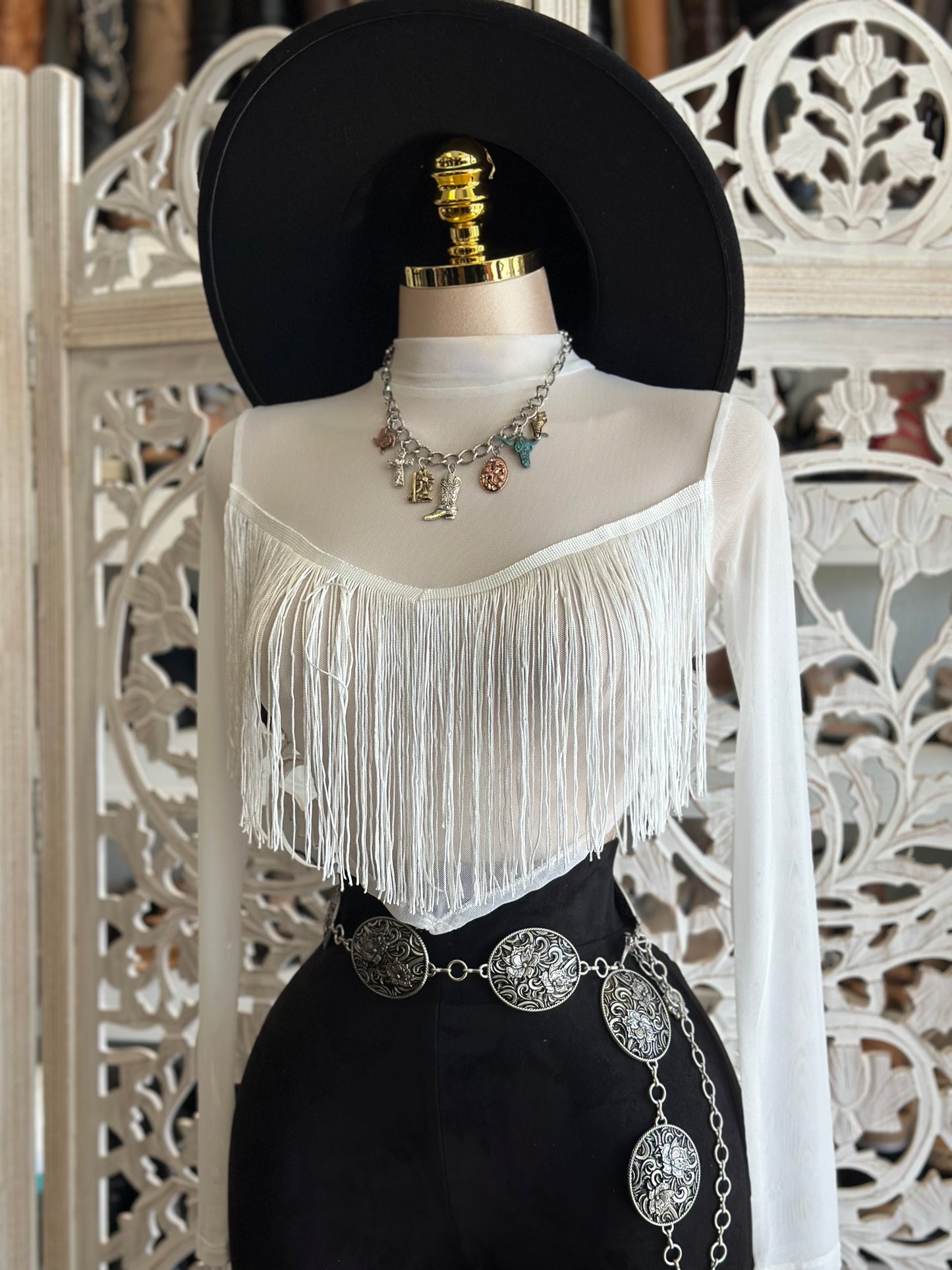 White Mesh Fringe Blouse - Estira, Stretchy