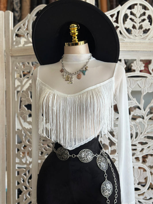 White Mesh Fringe Blouse - Estira, Stretchy