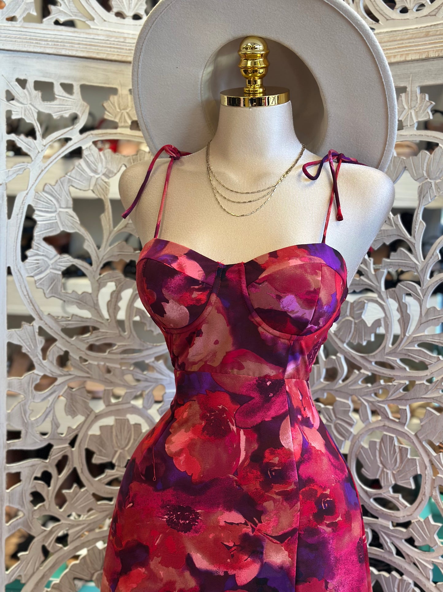 Floral Deep Color Midi Dress-No Estira, Not Stretchy