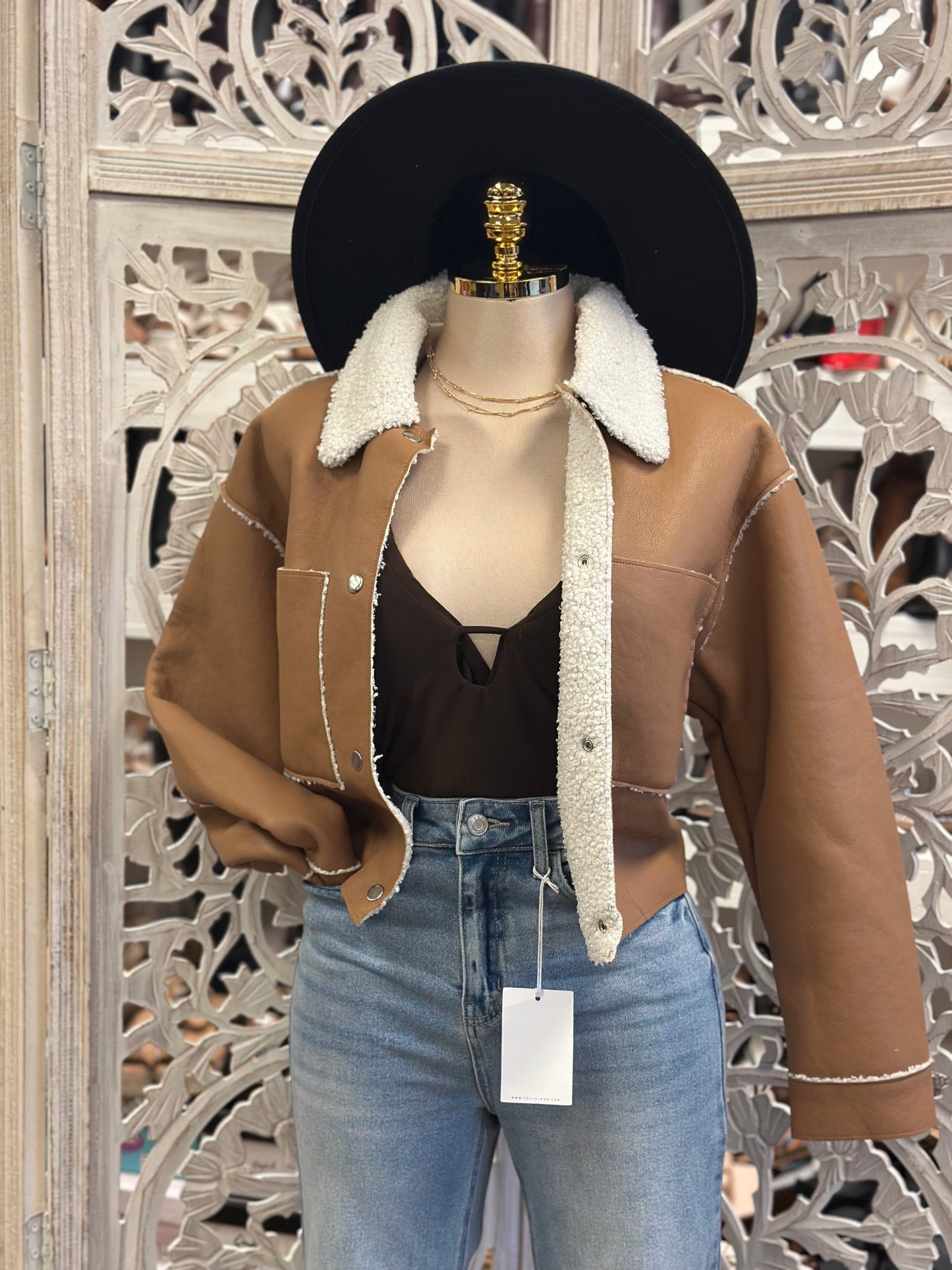 Brown Plush Neck Suede Jacket