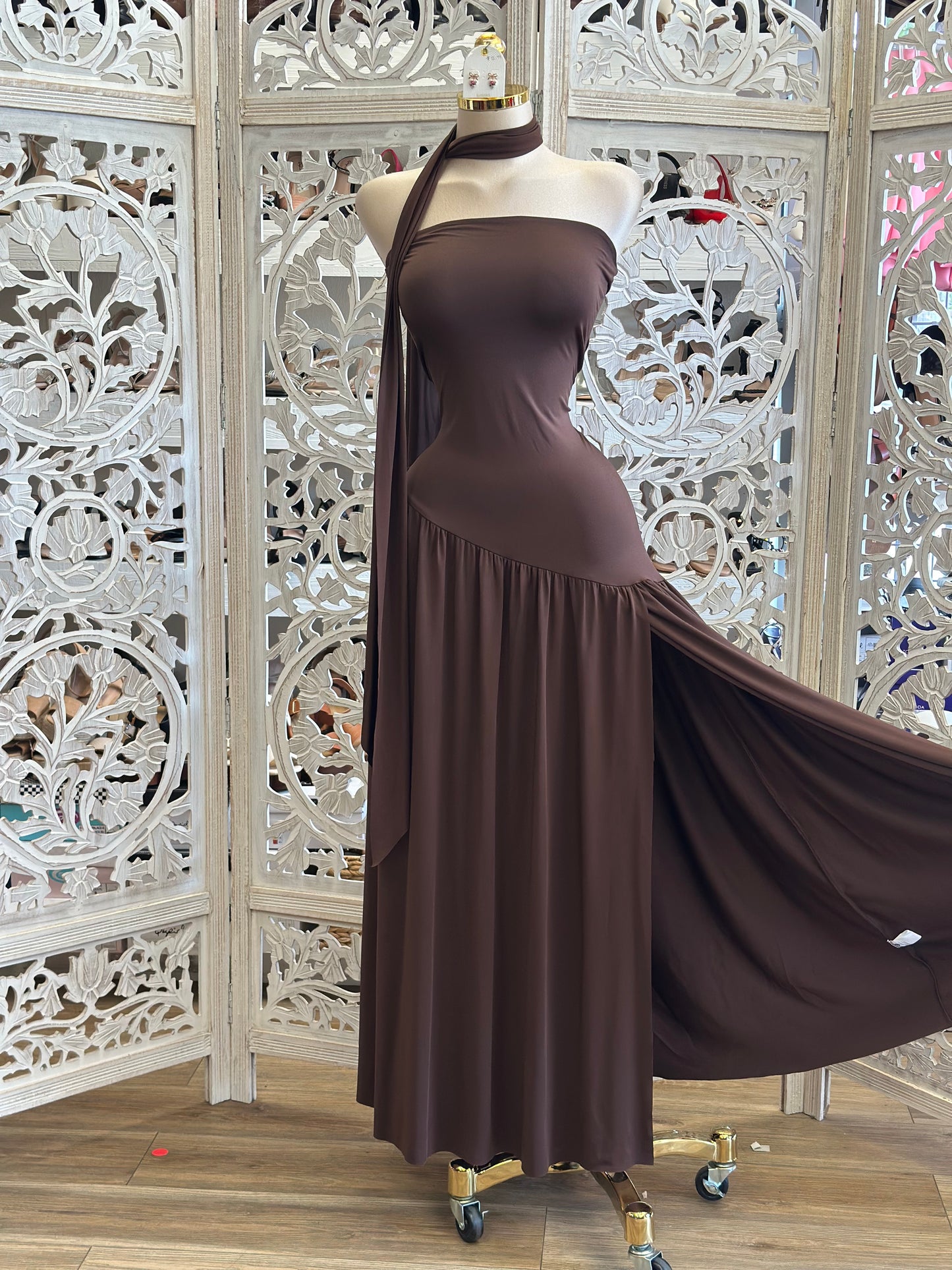 High Slit Scarfed Brown Dress- Stretchy, Estira