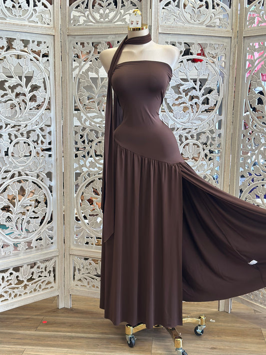 High Slit Scarfed Brown Dress- Stretchy, Estira