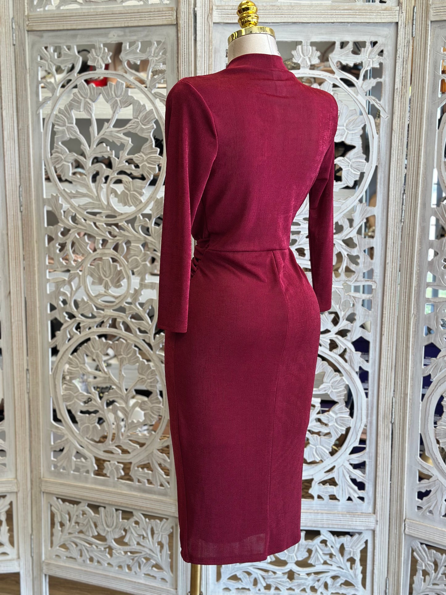 Burgundy Cowl Neck Half Sleeve Midi Dress-Estira , Stretchy