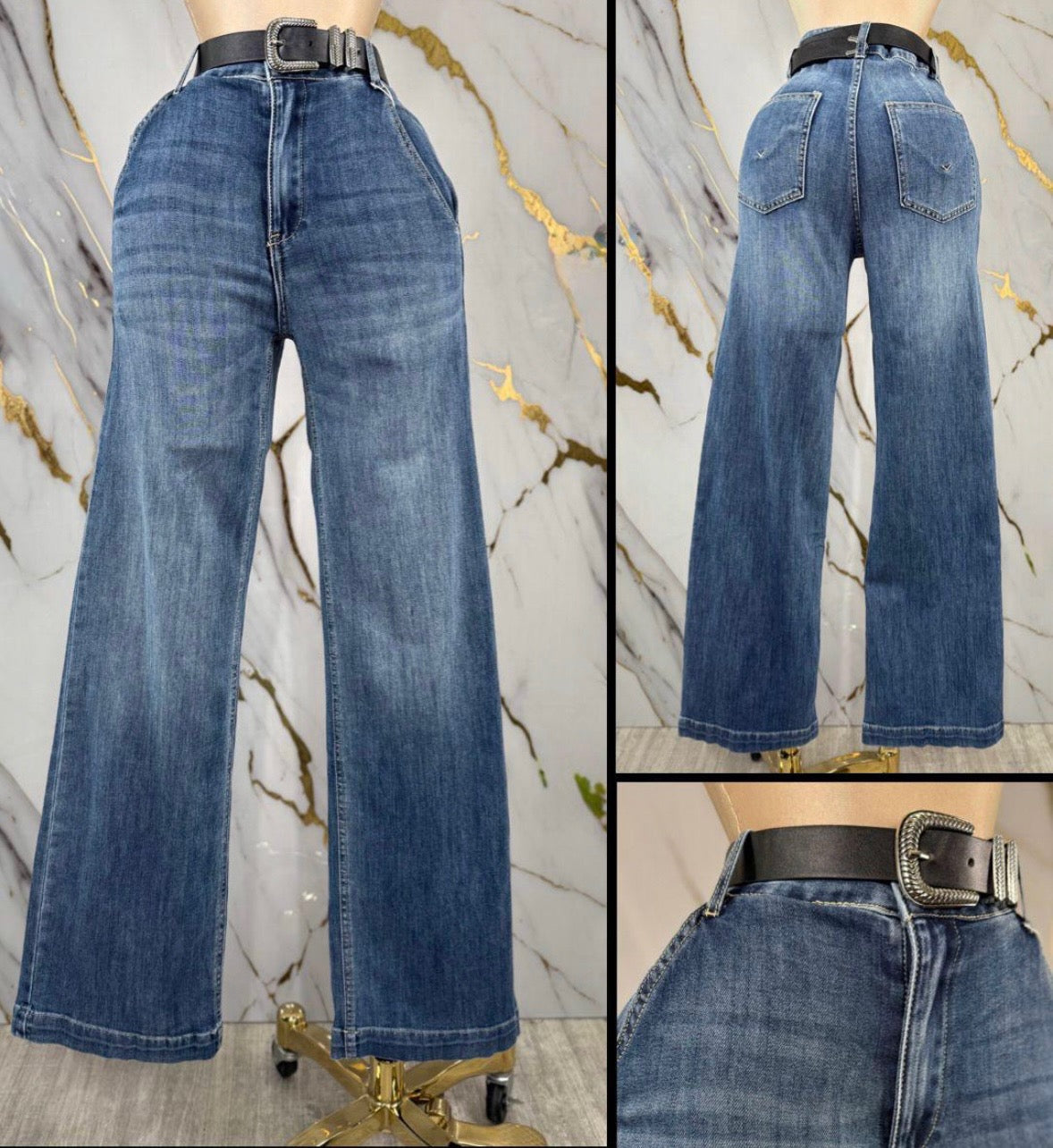 Dark Medium Denim Wide Leg Jeans - Stretchy, Estira