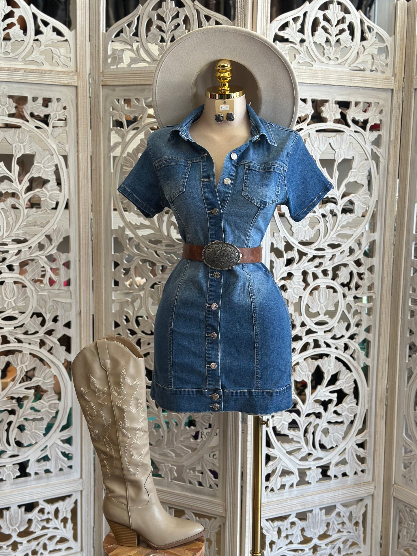 Denim Button Up Short Sleeve Dress -Estira, Stretchy