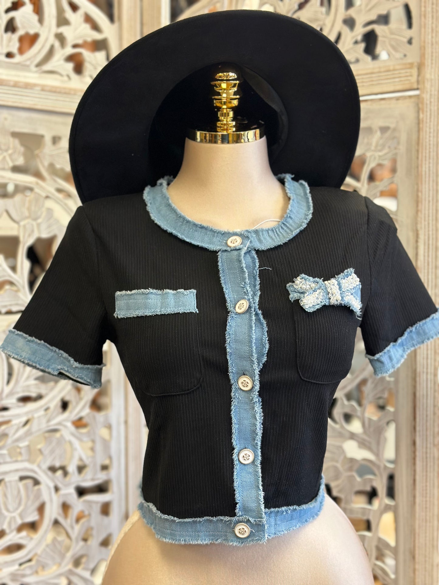 Ribbed Denim Lined Blouse- Stretchy, Estira