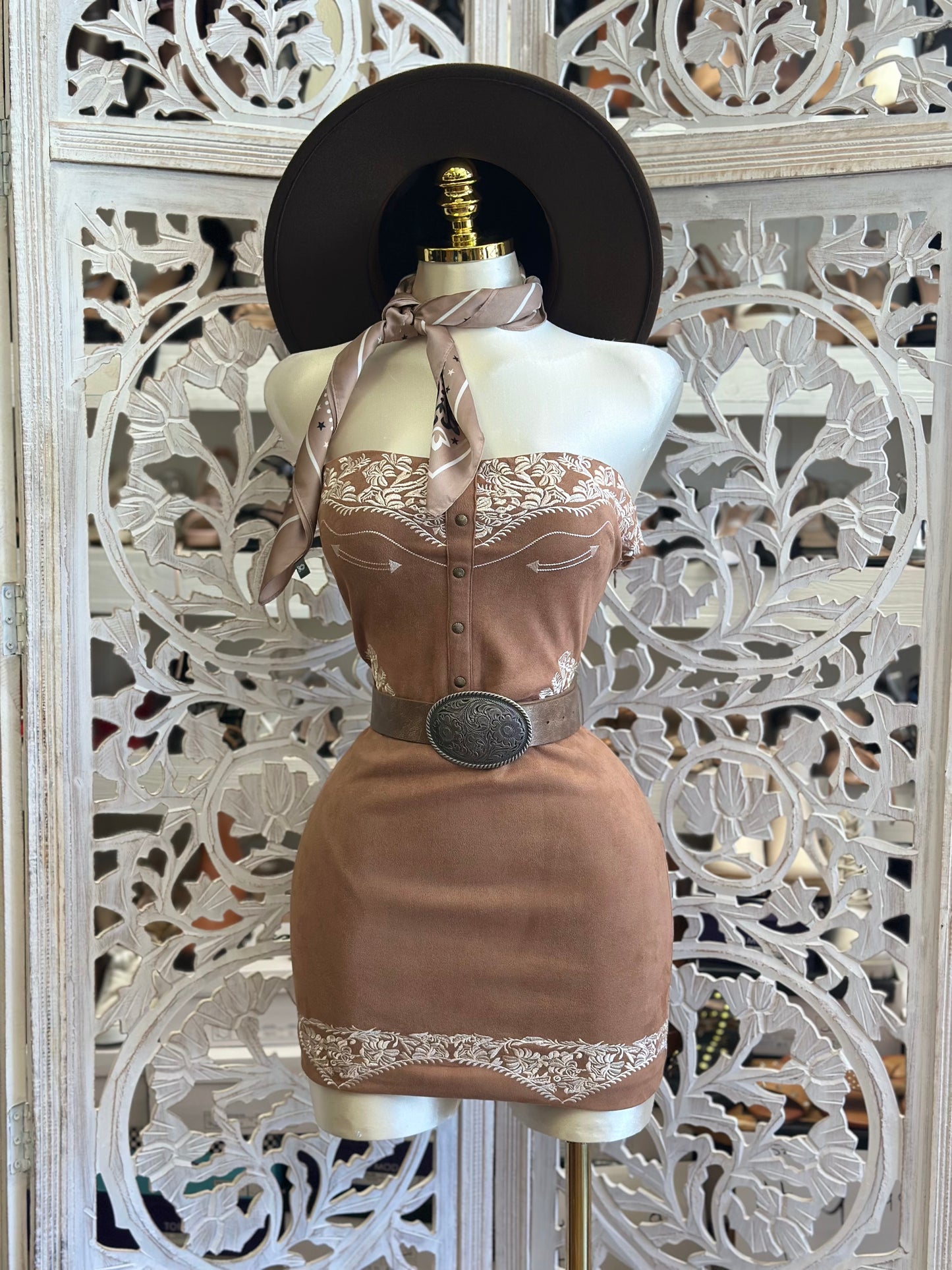 Suede Brown Embroidered Mini Dress - Estira Poco, Slightly Stretchy
